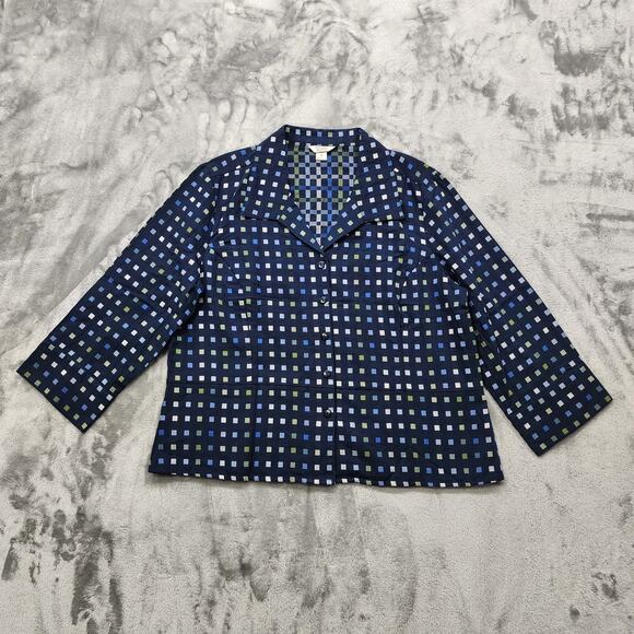 Christopher & Banks Jacket Womens XL Blue Green Check Plaid Cotton 3/4 Sleeve - Picture 1 of 11